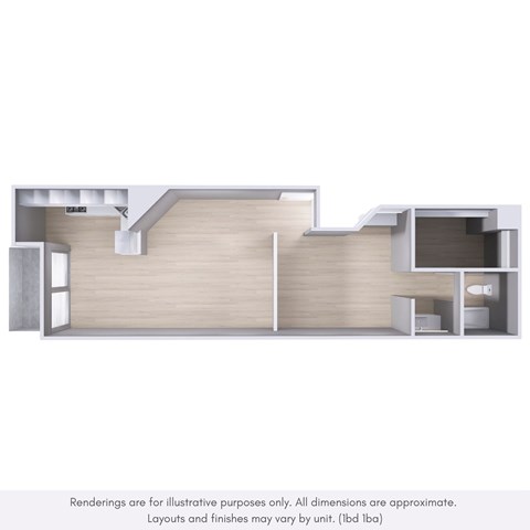 Floor plan for 1 bed, 1 bath, 750 sqft